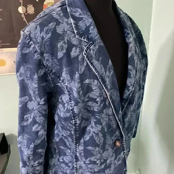 J Jill cyanotype plant pattern denim blazer one button large - Picture 2 of 7